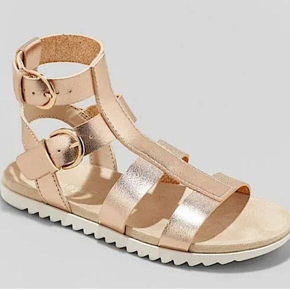 Cat & Jack Girls' Ellie Gladiator Sandals rose, gold metallic big girls size 4 - Picture 1 of 5
